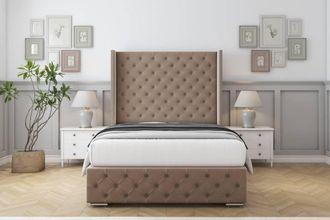 Sloomy Arundel Plush Frame-Mattress - 50 Upholstered Wingback Headboard in Taupe | Size: Small Double