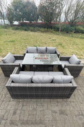 Fimous 8 Seater Outdoor PE Rattan Garden Furniture Gas Fire Pit Dining Table Set Lounge Sofa 2 PC Armchairs in Dark Grey