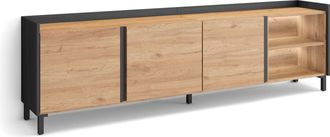 Skraut Home Skraut Home - Mueble Tv, Televisi&oacute;n, Muebles De Sal&oacute;n, Almacenaje, 207x35x61cm, Para Tv Hasta 80, Dise&ntilde;o Industrial, Led, Estilo Moderno, Roble Y Negr