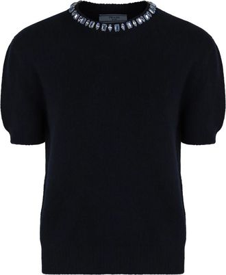 Prada Wollen trui met ronde hals van kasjmier - Dames - Ronde hals truien - Blauw - M - Wol - Truien & Vesten