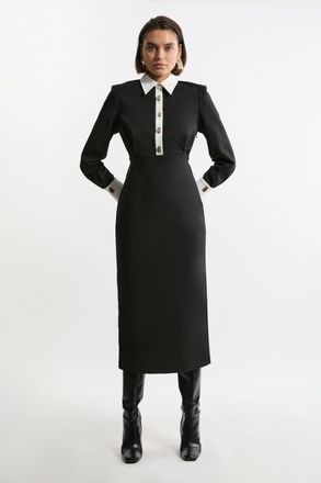 Karen Millen Womens Petite Techno Cotton Woven Maxi Shirt Dress With Gold Clasps - Monochrome Multi - Size 10 UK