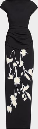 Lela Rose Floral Crepe Boat-Neck Draped Column Gown