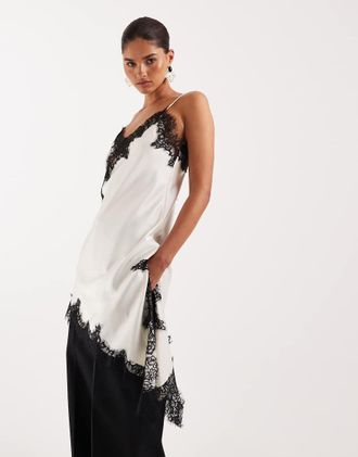 Lioness Emerging - Canottiera color porcellana con scollo a V e dettaglio in pizzo applicato a contrasto sul fondo asimmetrico-Bianco