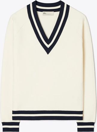 Tory Burch Womens Merino Wool V-Neck Sweater in White, size XL