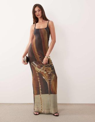 Asos Vestito lungo da cocktail in rete con stampa-Multicolore