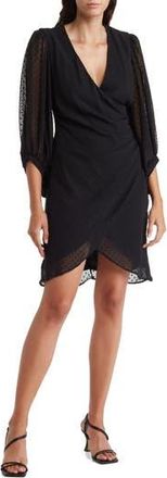 Julia Jordan Swiss Dot Balloon Sleeve Faux Wrap Dress in Black at Nordstrom Rack, Size 16
