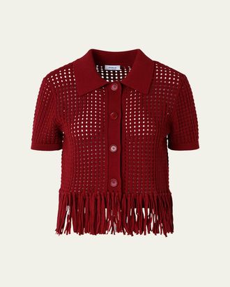 Akris Chunky Cotton Mesh Knit Fringed Collared Cardigan