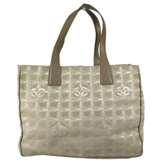 Chanel Beige Leather Nylon Jacquard Shoulder Bag Tote Bag (Pre-Owned)