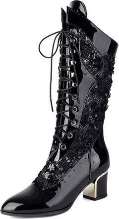 Generic Womens Mid Calf Boots for Spring and Summer 2025 Sequined Cool Boots European American Style Large Size Thick Heel(Black, 6.5)