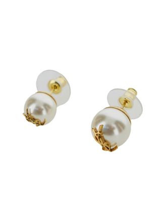 Saint Laurent Womens Asymmetric Pearl Earrings, Brass Metallic