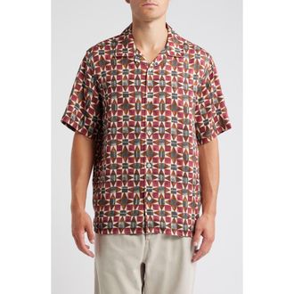 Wax London Didicot Painted Geo Pattern Lyocell Camp Shirt in Burgundy /Multi at Nordstrom Rack, Size X-Large