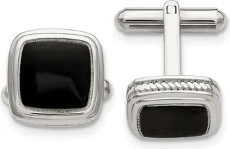 Diamond2Deal Stainless Steel Polished Black IP-plated Textured Edge Cufflinks