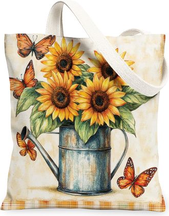 Generic Spring Sunflower Flower Canvas Tote Bag for Shopping 13x15, Farmhouse Country Floral Reusable Grocery Print Pattern Bag for Women Men, Fun Farm Aesthe