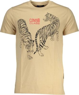 Cavalli Beige Katoenen Bedrukt Logo T-Shirt - Heren - T-shirts - Beige - 2XL - Katoen - Tops