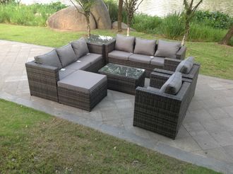 Fimous Rattn Garden Furniture Sofa Set Rectangular Coffee Table Lounge Sofa Chair Footstool With Side Coffee Table in Dark Grey
