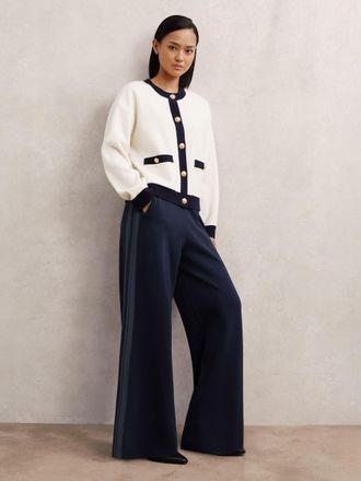 Reiss Navy Knitted Side-stripe Wide-leg Trousers, XS