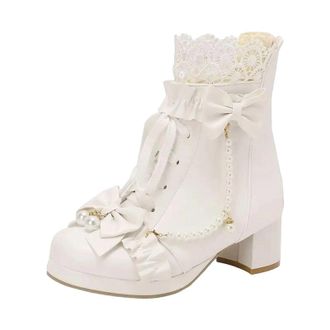 Generic Womens Platform Ankle Boots Round Toe High Block Heel With Zipper Lace And Pearl Butterfly-Knot Accent Stylish Shoes