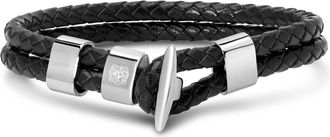 Bruno Magli Mens Black Leather Toggle Leather Bracelet, Silver