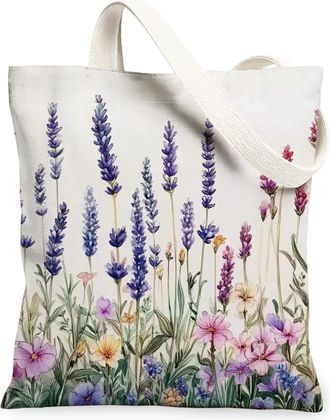 Generic Spring Lavender Flower Canvas Tote Bag for Shopping 13x15, Farmhouse Floral Wildflower Reusable Grocery Print Bag for Women, Cute Garden Beach Aesthet