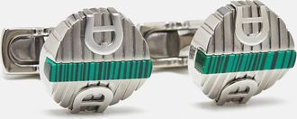 Aigner Logo Green Inlay Textured Silver Tone Round Cufflinks