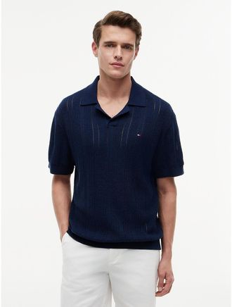 Tommy Hilfiger Mens Relaxed Fit Pointelle Sweater Polo - Light Navy Heather - L