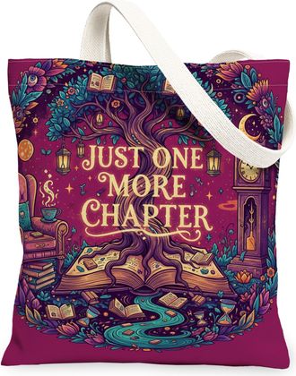 Generic Vintage Canvas Tote Bags, Enchanted Book Tree Design Reusable Bags, Fall Cozy Pattern Lightweight Washable Canvas for Outdo, Violet, 13x15 Inch