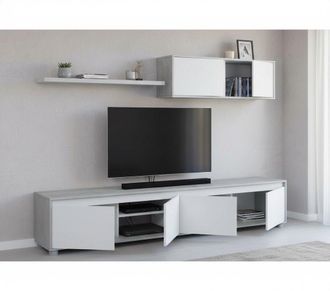Dmora Dmora - Pared Equipada Dmatej, Mueble De Tv Para Sal&oacute;n, Composici&oacute;n Del Juego De Sala, Juego De Sal&oacute;n Con Mueble Alto, 200x41h43 Cm, Blanco Y Cemento