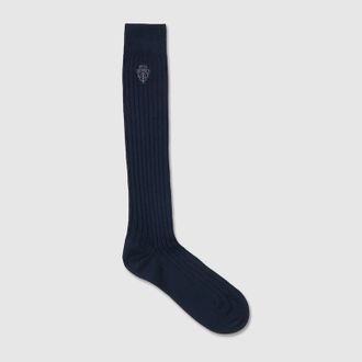 Gucci Knit Cotton Socks With Embroidery, Size L, Blue, Fabric