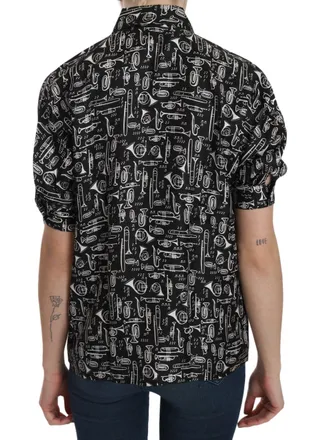 Dolce & Gabbana Womens Musical Instrument Print Silk Shirt Black
