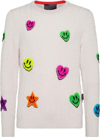 Philipp Plein Wool Pullover Round Neck - Heren - Ronde hals truien - Wit - 3XL - Wol - Truien & Vesten