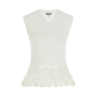 Ganni V-neck Knitwear, female, White, Size: S Vest in Cotton Crochet