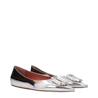 Amina Muaddi Womens Gray Leather Ballet Flats