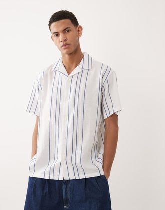 Jack & Jones Premium - Camicia a maniche corte in misto lino bianca con righe blu