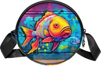 Generic Circle Crossbody Bag for Women, Fish Graffiti Pattern Small Sling Bag Daypack with Zipper Adjustable Shoulder Straps Casual Ladies Girls Round Purse