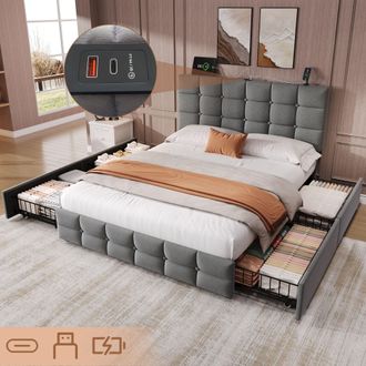 Matteo Luxurious Grey Velvet Double Bed Frame with 4 Storage Drawers, Adjustable Headboard & USB/USB-C Charging
