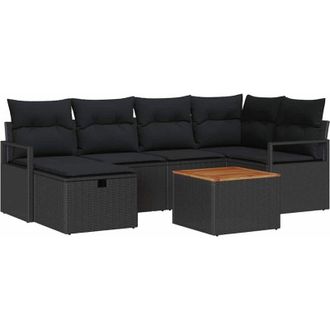 vidaXL Conjunto De Sof&aacute; De Jard&iacute;n Con Coj&iacute;n 7 Pcs Negro Polirat&aacute;n