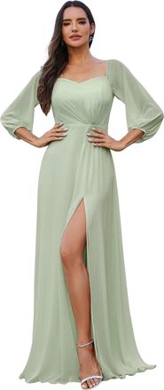 Ever-pretty Bridesmaid Dress Off-Shoulder Long Lantern Sleeves High Split Chiffon Wedding Guest Dress Mint Green 20UK