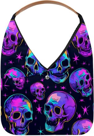 Generic Neon Purple Skull Pattern Reusable Lightweight Grocery Bags - Foldable Into Compact Pouch, Washable & Sturdy, Multipurpose for Shopping and Travel