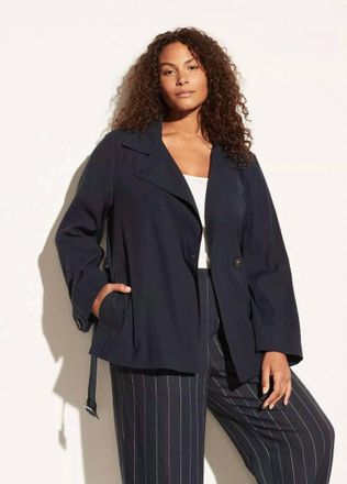 Vince Belted Linen Blend Jacket In Blue