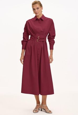 Exquise Belted Fitted Waist Midi Shirt Dress in Burgundy at Nordstrom, Size X-Small