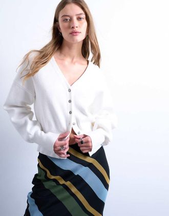 Topshop Cardigan aderente in vita color avorio taglio lungo in maglia con scollo a V-Bianco