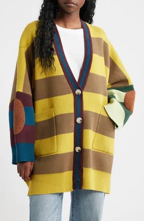 Dressed in Lala Your Grandpa Wears Lala Oversize Cotton Blend Cardigan in Yellow And Tan Strip at Nordstrom, Size Small
