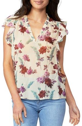 Paige Genie Floral Print Ruffle Silk Top in Nude Cream Multi at Nordstrom, Size Small