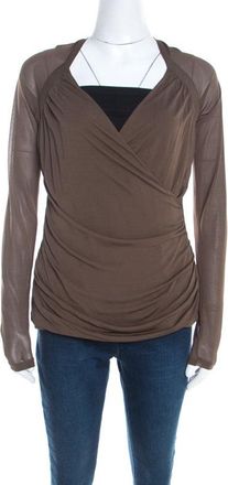 Escada Olive Green Stretch Knit Draped Faux Wrap Bodice Top