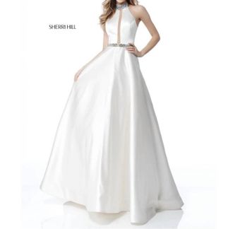 Sherri Hill Beaded Halter Ball Gown In Ivory