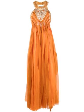 Alberta Ferretti stone-embellished fringed maxi dress - women - Acetate/Silk/Elastane - 42 - Orange