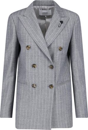 Lardini Grey Double-Breasted Pinstripe Virgin Wool Blazer