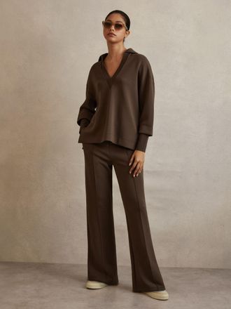 Reiss Bernie Chocolate Interlock Wide-leg Joggers, S, Brown