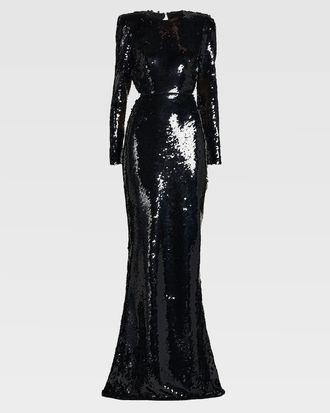 Stella McCartney Sequined Long-Sleeve Backless Trumpet Gown