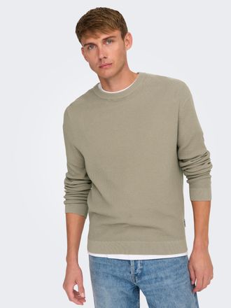 Only & Sons Rundhalspullover ONLY & SONS ONSTONY DS 12 LS WAFFLE CREW KNIT, Herren, Gr. S, grau (string), Strick, Obermaterial: 100% Baumwolle, unifarben, relaxed